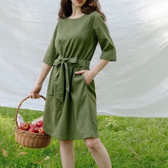 Hannah Canvas Dresses & Skirts - Hannah Canvas Linen Flare Dress Medium Belted Midi Olive Green Modern Casual